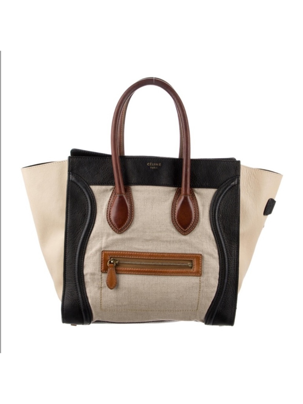 Auth Celine Bag Calfskin Canvas Mini Tricolor Purse Luggage Tote Handbag Career